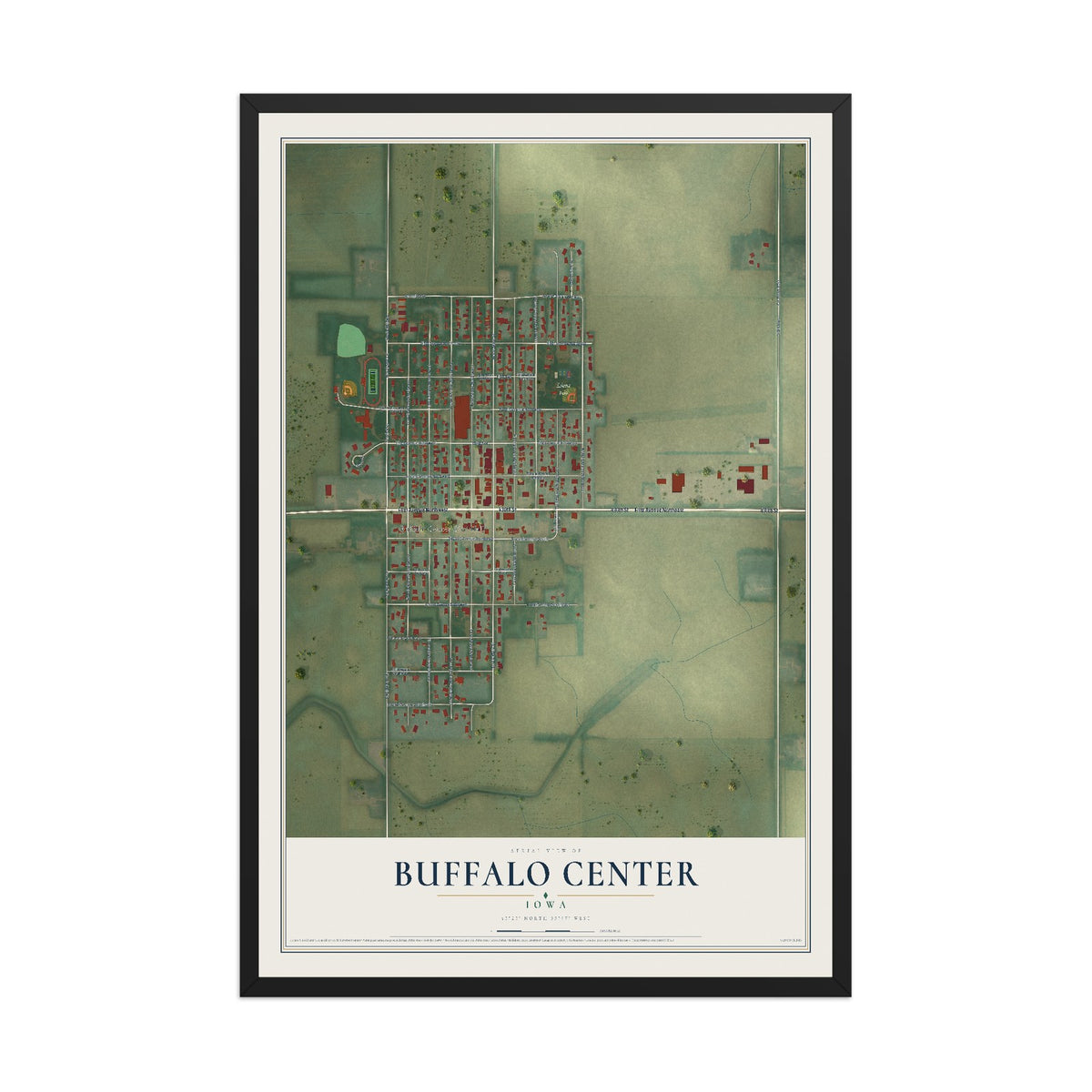 Map of Buffalo Center, Iowa, 12 x 18 inch print in a black wood frame