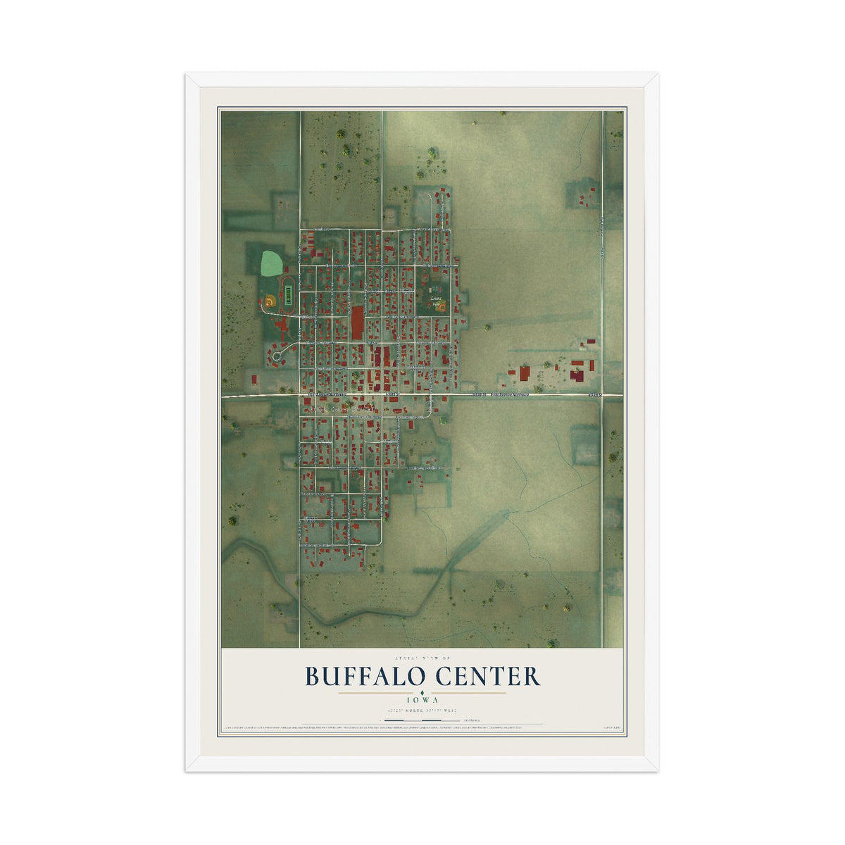 Map of Buffalo Center, Iowa, 12 x 18 inch print in a white wood frame