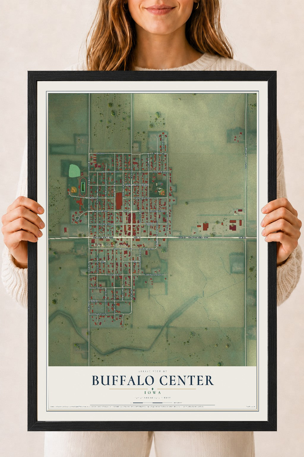 Map of Buffalo Center, Iowa, 18 x 24 inch print in a black wood frame