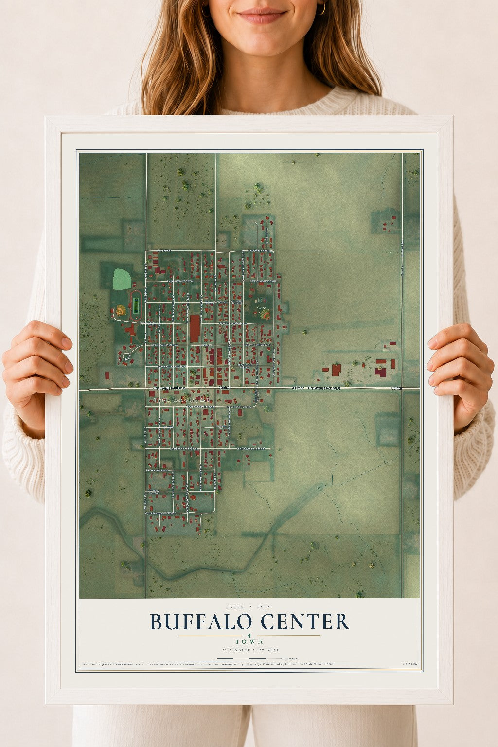 Map of Buffalo Center, Iowa, 18 x 24 inch print in a white wood frame