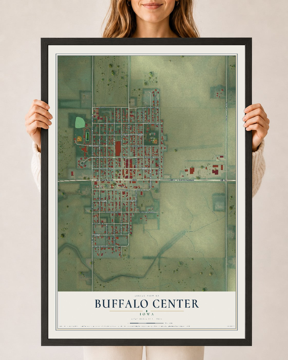 Map of Buffalo Center, Iowa, 24 x 36 inch print in a black wood frame