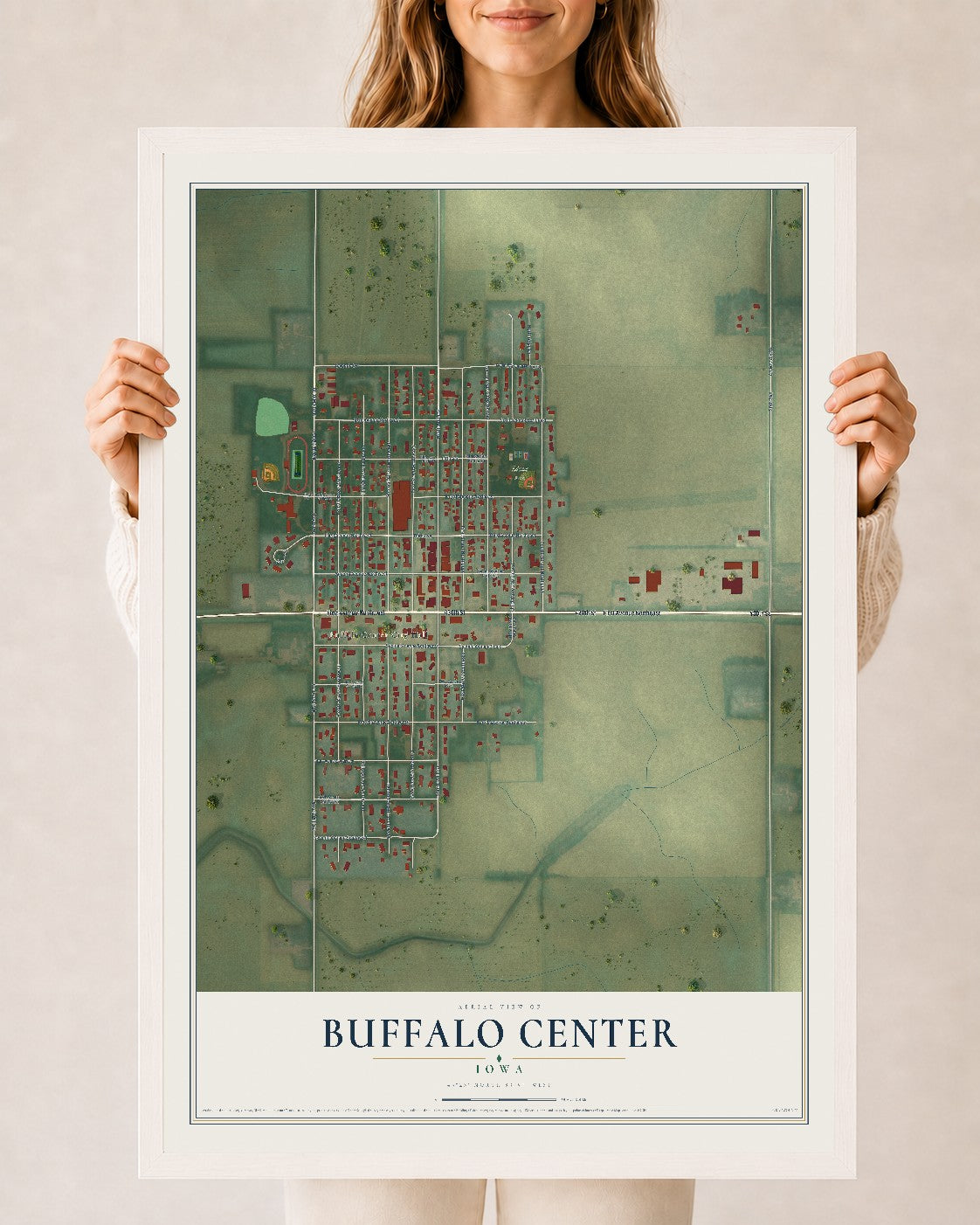Map of Buffalo Center, Iowa, 24 x 36 inch print in a white wood frame