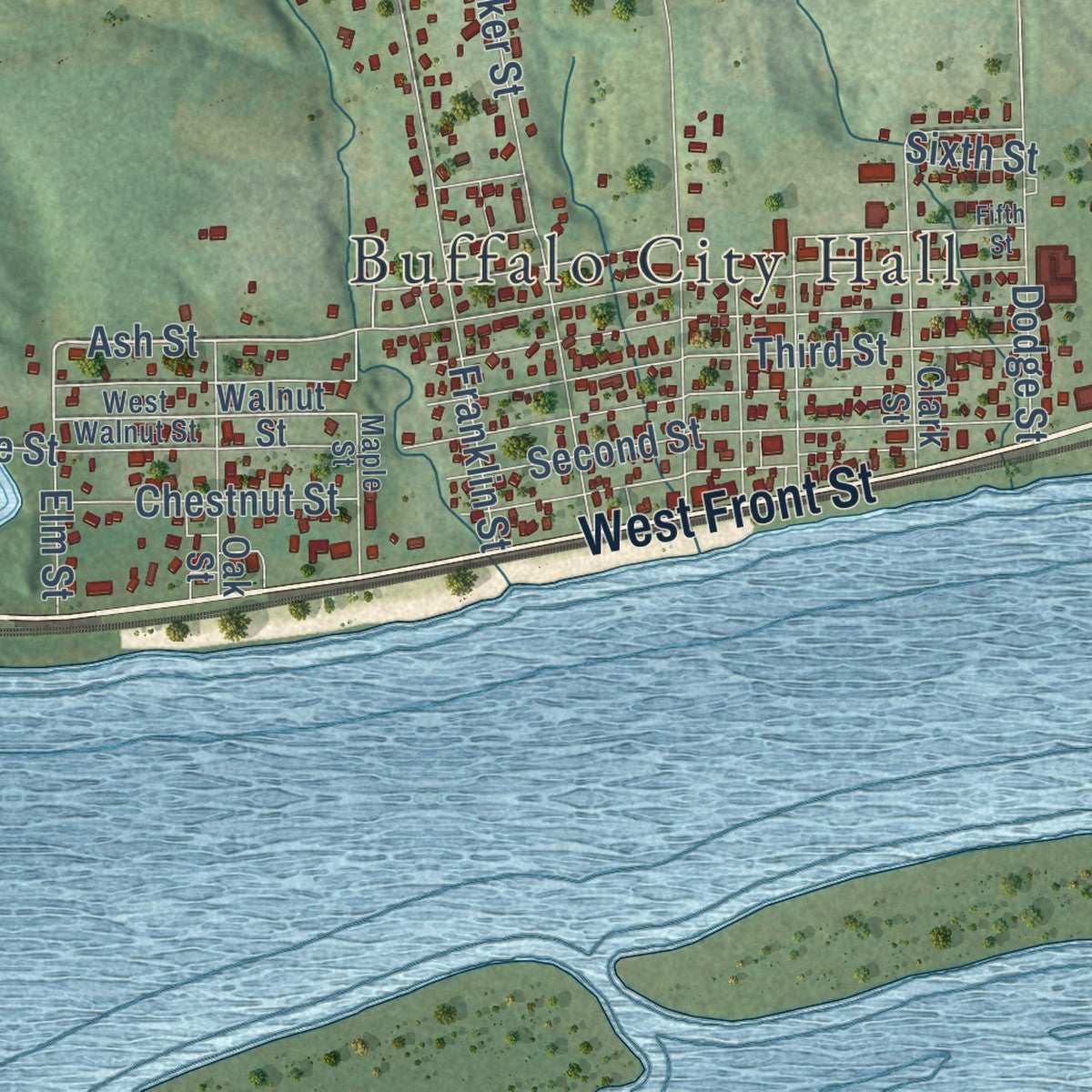 Close-up of the map of Buffalo, Iowa print showing street and building detail