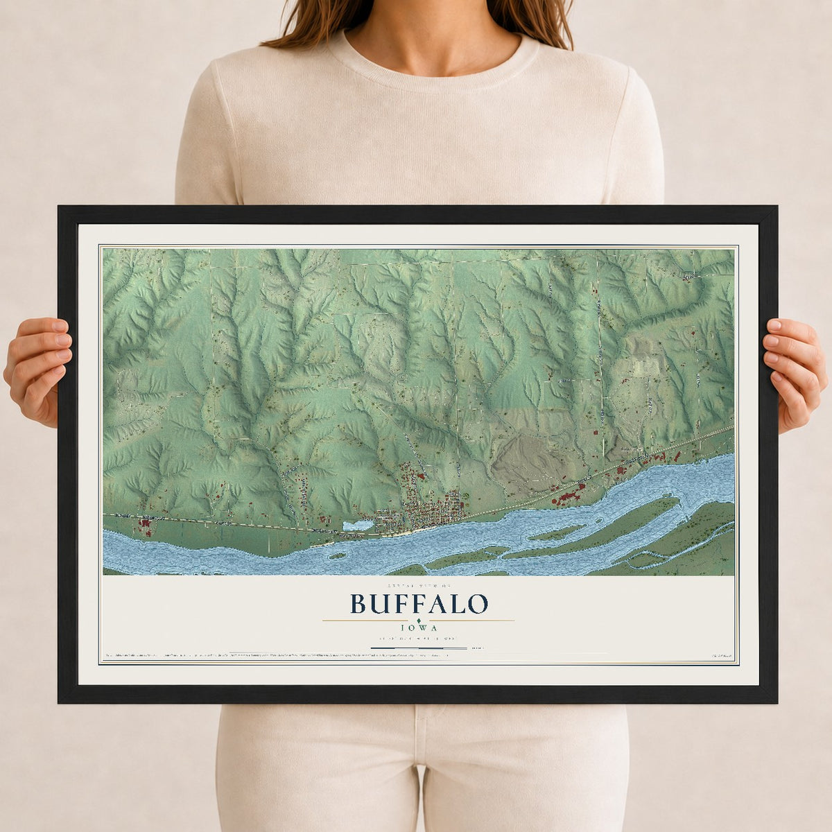 Map of Buffalo, Iowa, 12 x 18 inch print in a black wood frame