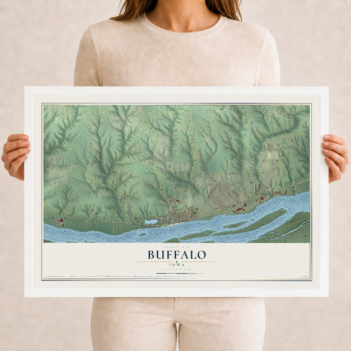 Map of Buffalo, Iowa, 12 x 18 inch print in a white wood frame