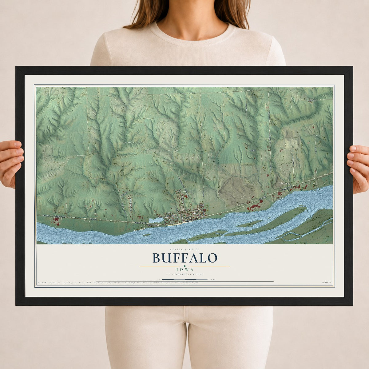 Map of Buffalo, Iowa, 18 x 24 inch print in a black wood frame