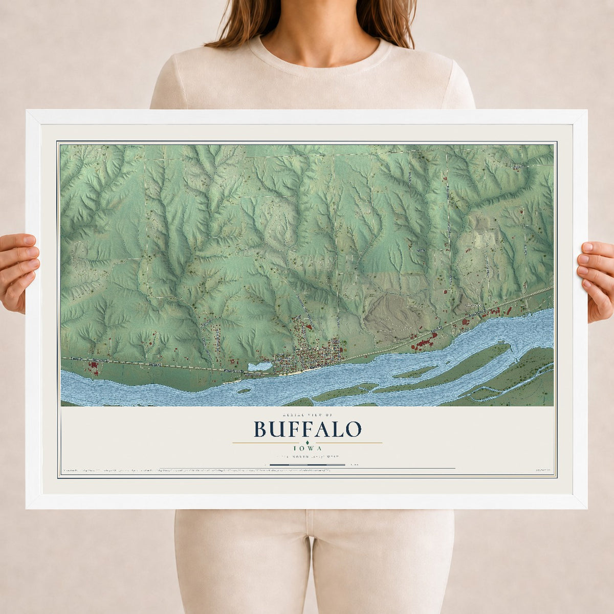 Map of Buffalo, Iowa, 18 x 24 inch print in a white wood frame