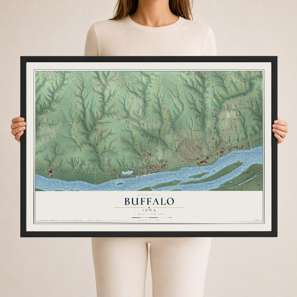 Map of Buffalo, Iowa, 24 x 36 inch print in a black wood frame