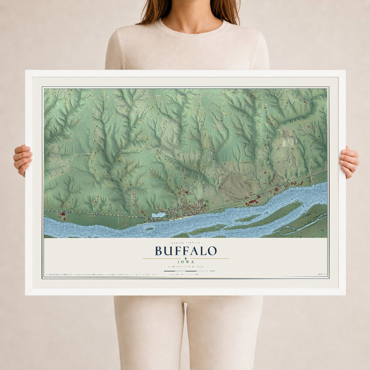 Map of Buffalo, Iowa, 24 x 36 inch print in a white wood frame