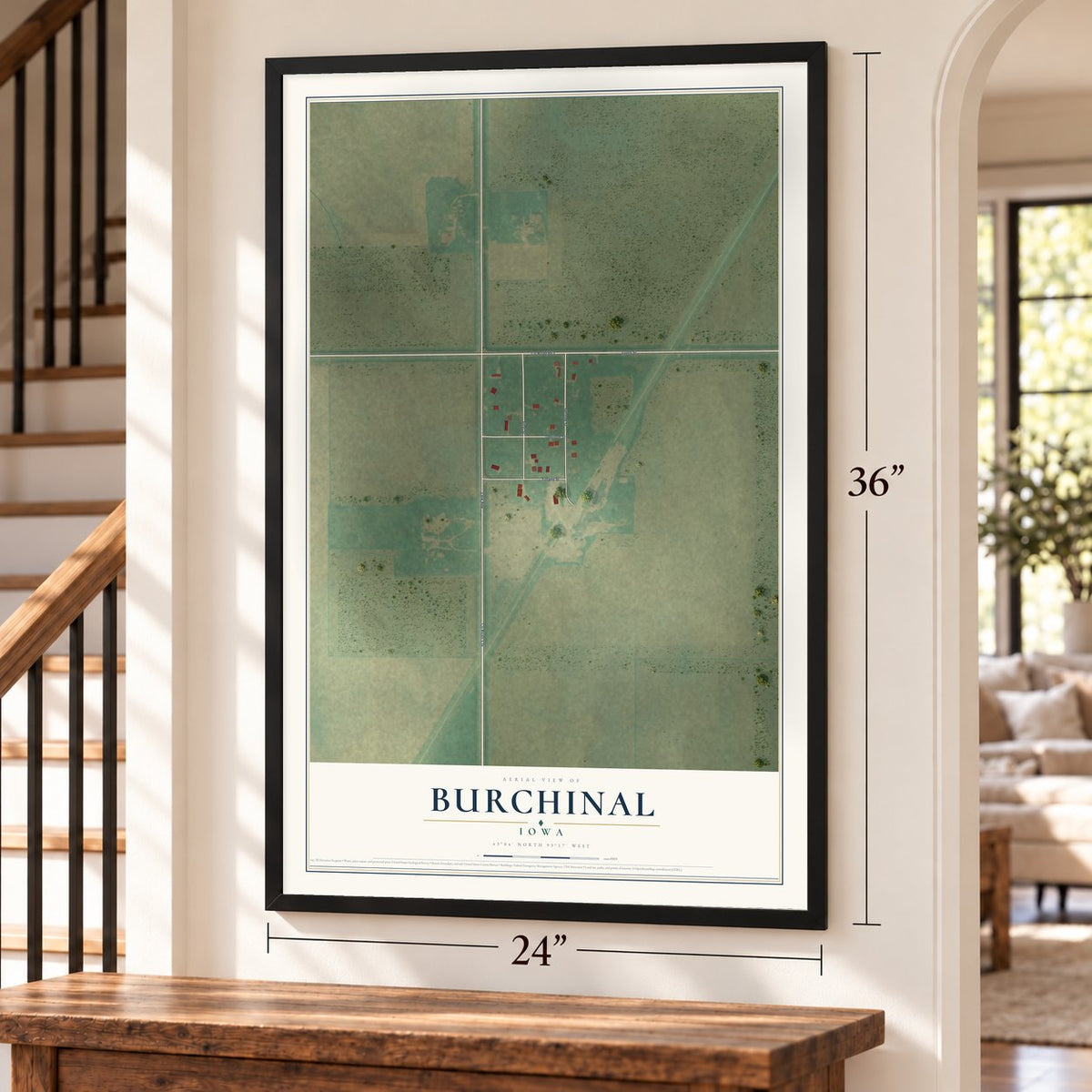 Burchinal, Iowa map, 24 x 36 inch print in a black frame by a staircase