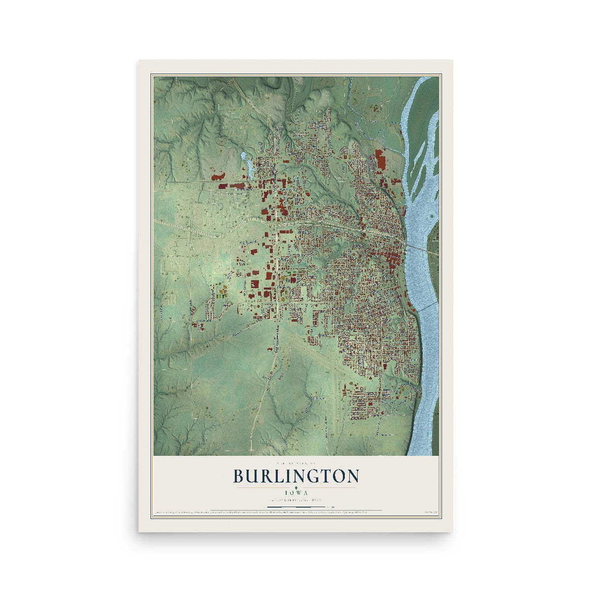Map of Burlington, Iowa, 12 x 18 inch unframed archival matte print