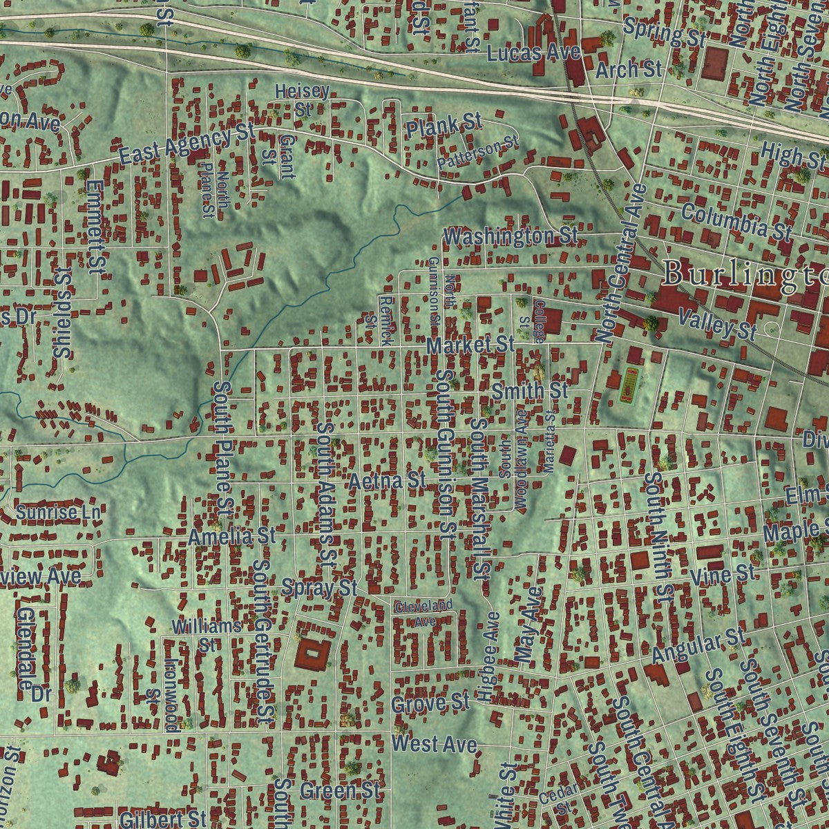 Close-up of the map of Burlington, Iowa print showing street and building detail
