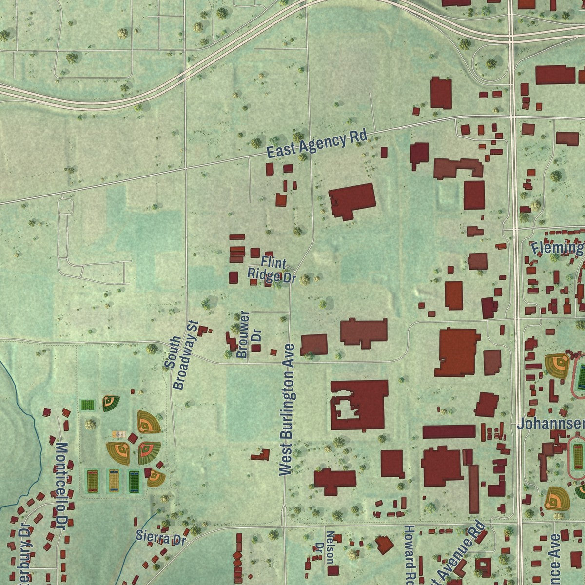 Second close-up of the map of Burlington, Iowa print showing more streets and buildings