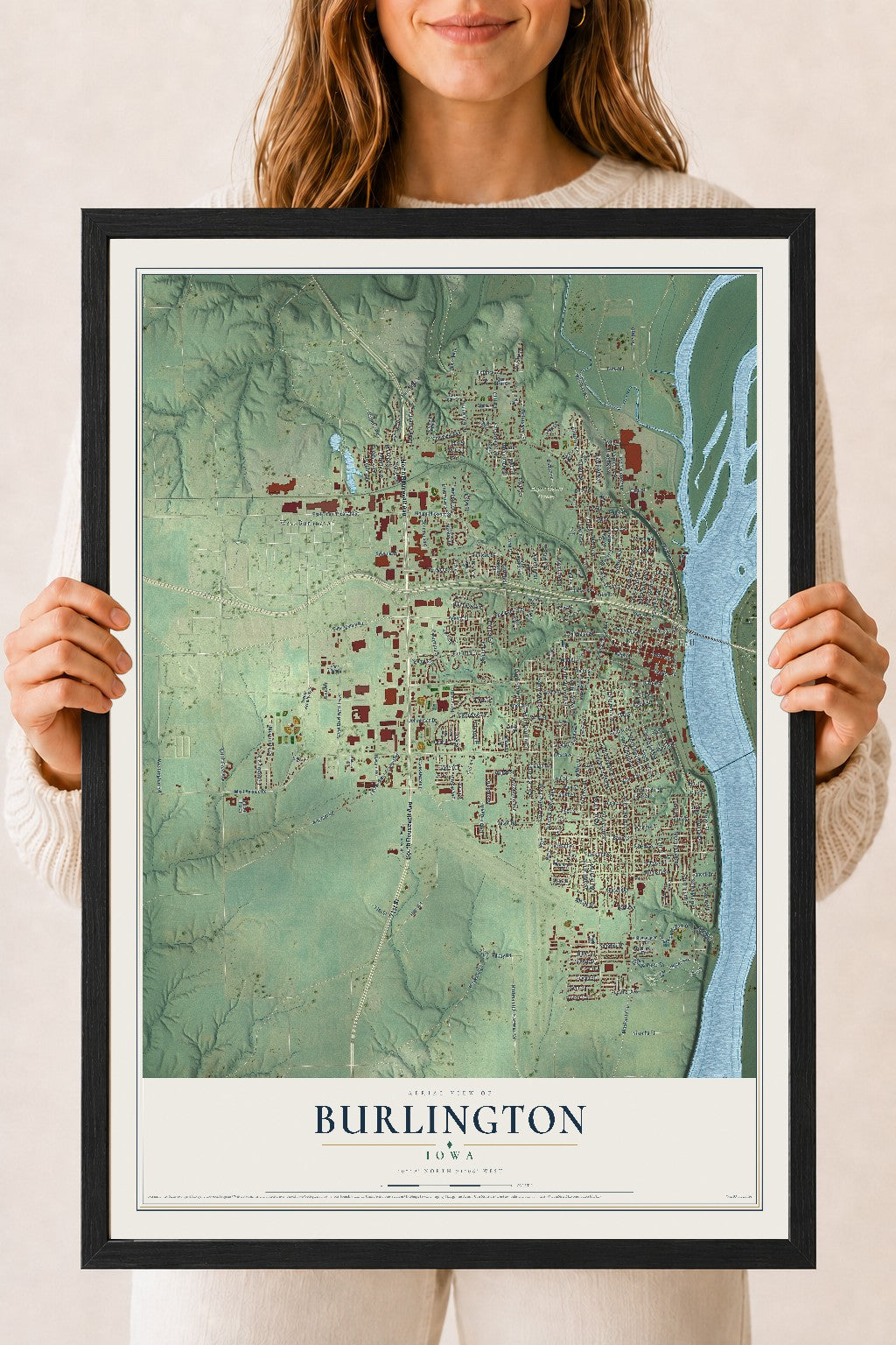 Map of Burlington, Iowa, 18 x 24 inch print in a black wood frame