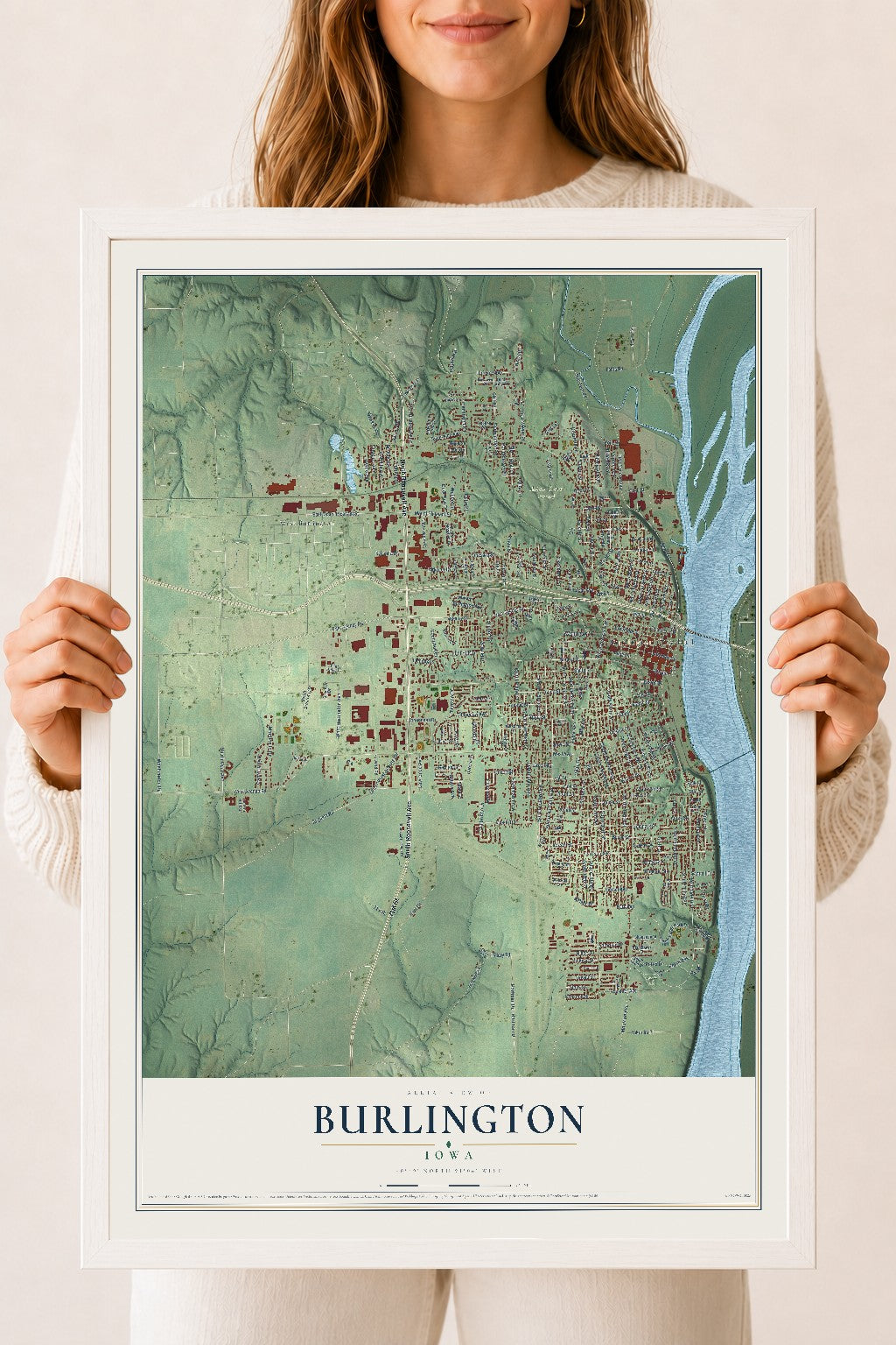 Map of Burlington, Iowa, 18 x 24 inch print in a white wood frame
