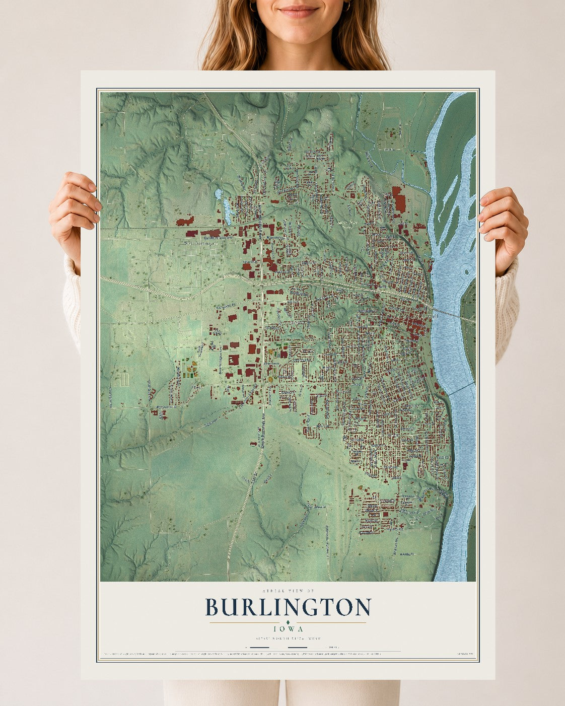 Map of Burlington, Iowa, 24 x 36 inch unframed archival matte print
