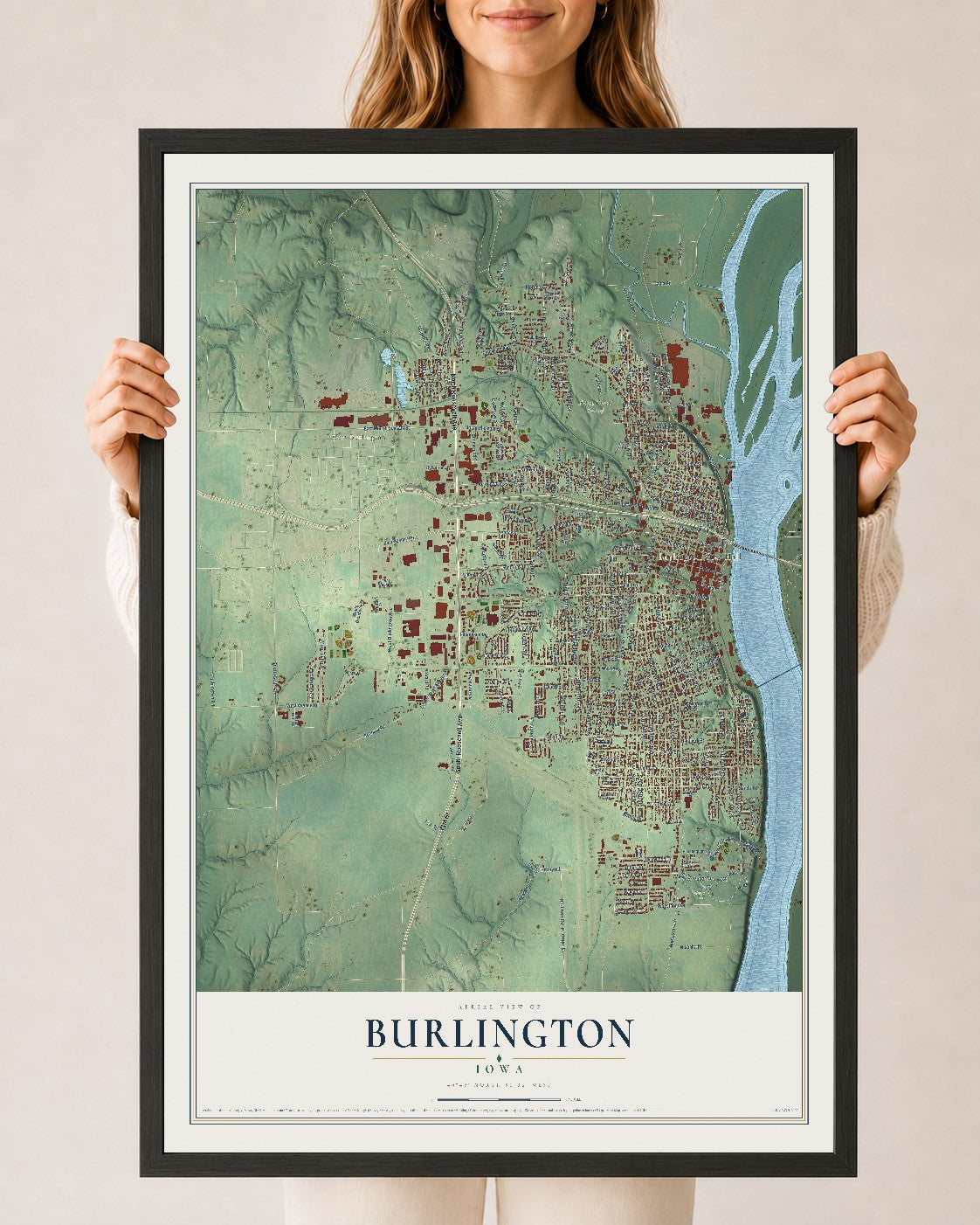 Map of Burlington, Iowa, 24 x 36 inch print in a black wood frame