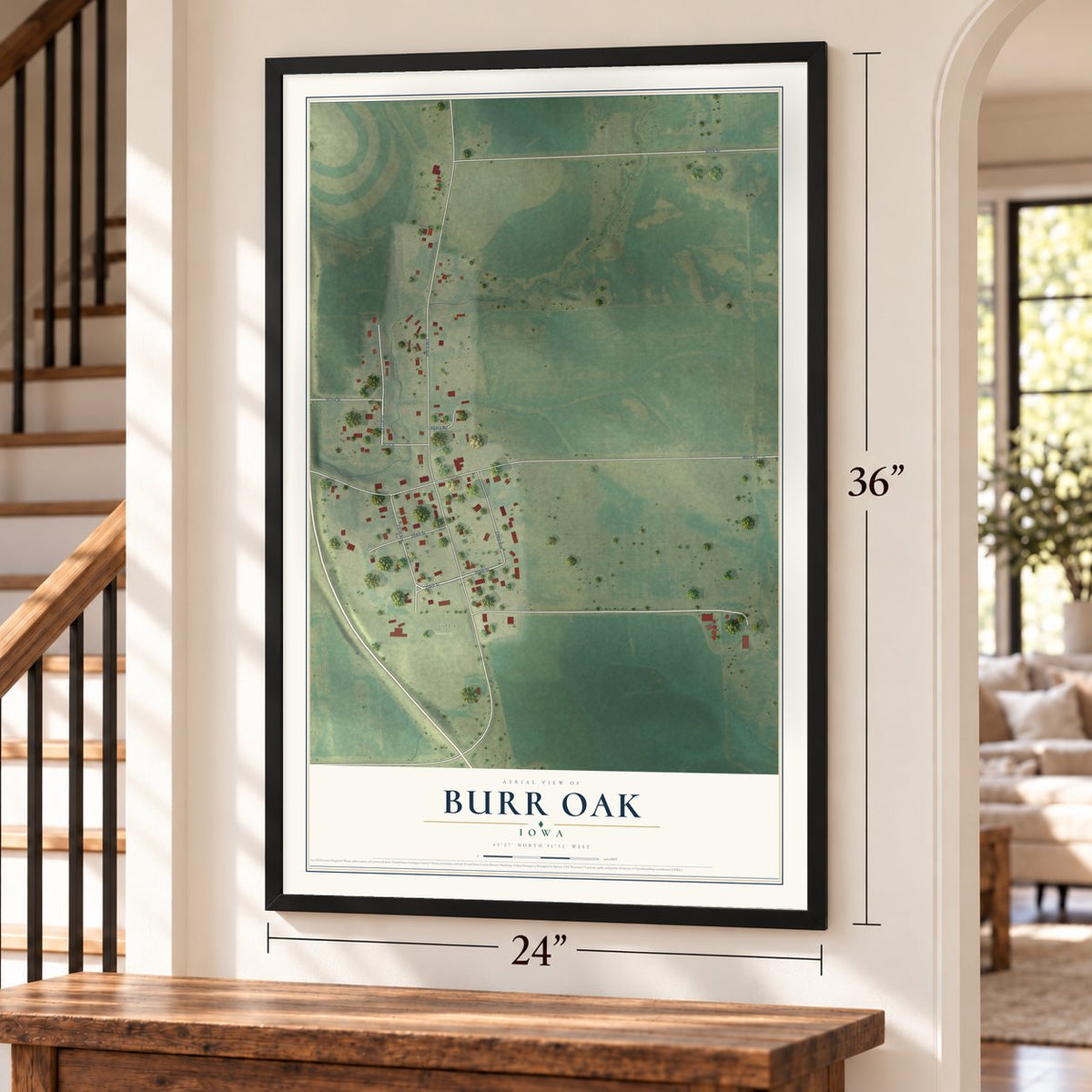 Burr Oak, Iowa map, 24 x 36 inch print in a black frame by a staircase