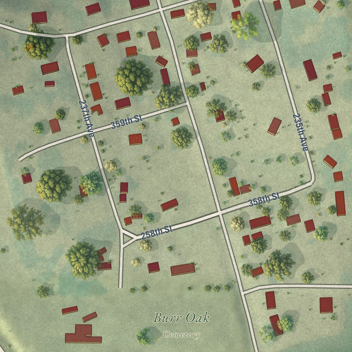 Close-up of the map of Burr Oak, Iowa print showing street and building detail