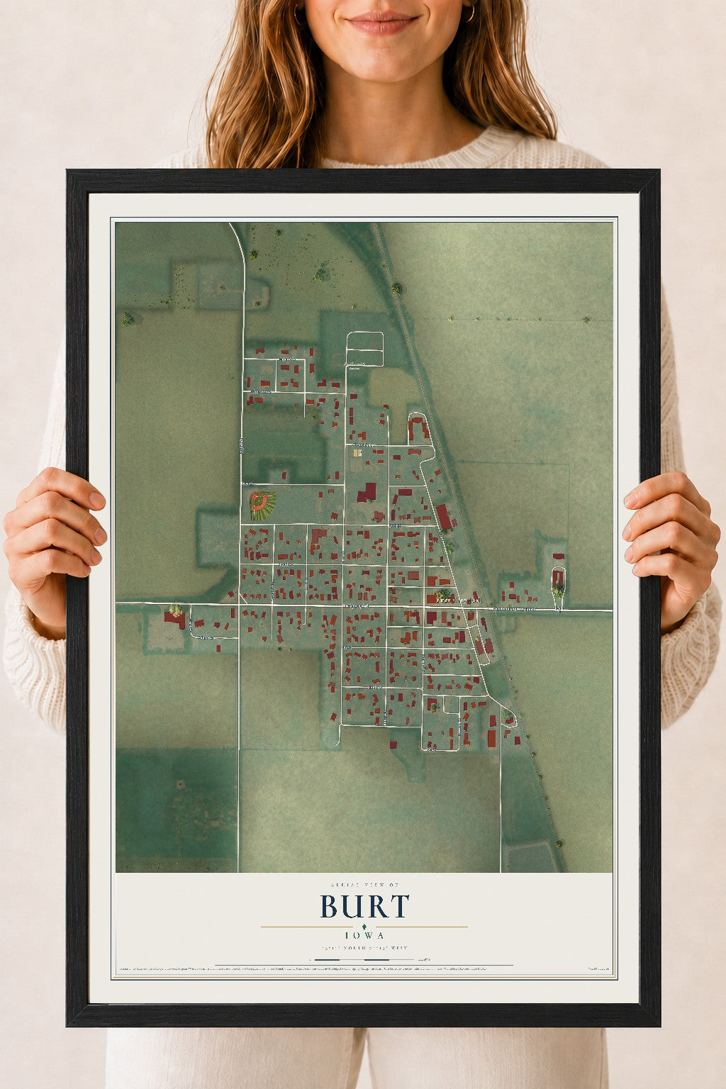 Map of Burt, Iowa, 18 x 24 inch print in a black wood frame