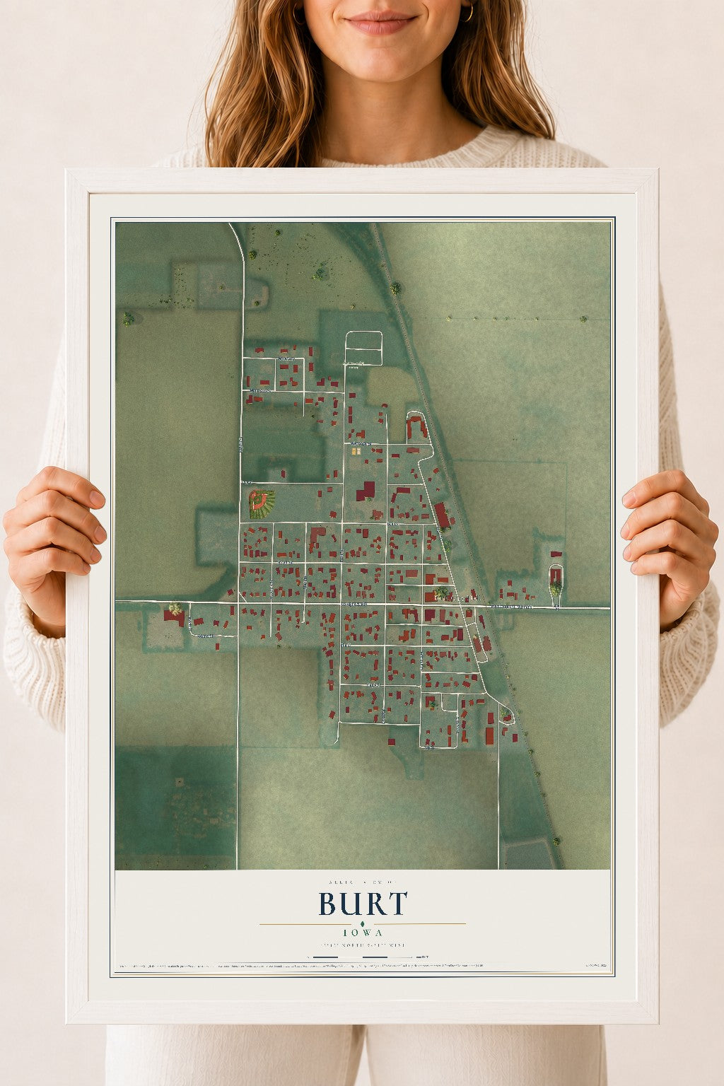 Map of Burt, Iowa, 18 x 24 inch print in a white wood frame