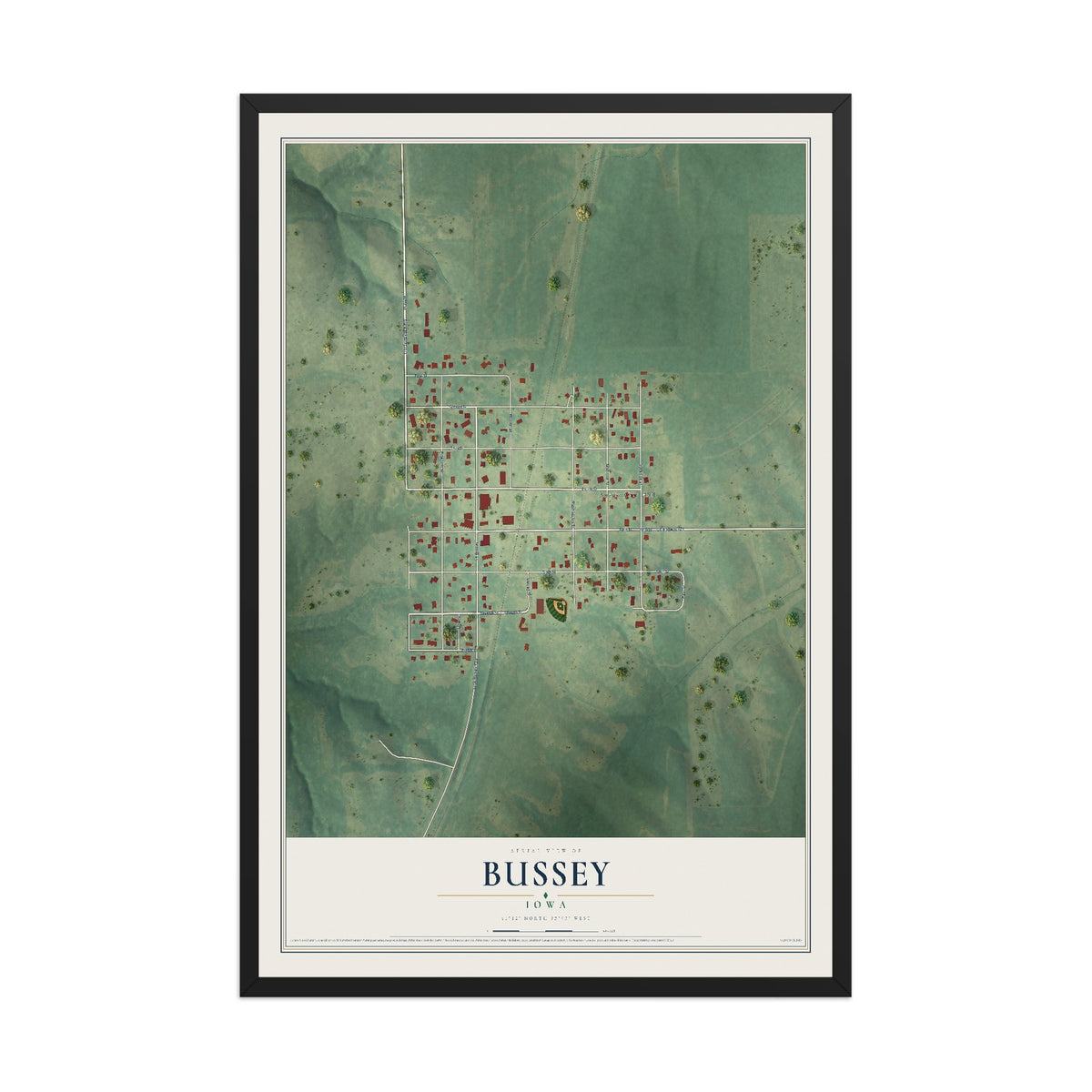 Map of Bussey, Iowa, 12 x 18 inch print in a black wood frame