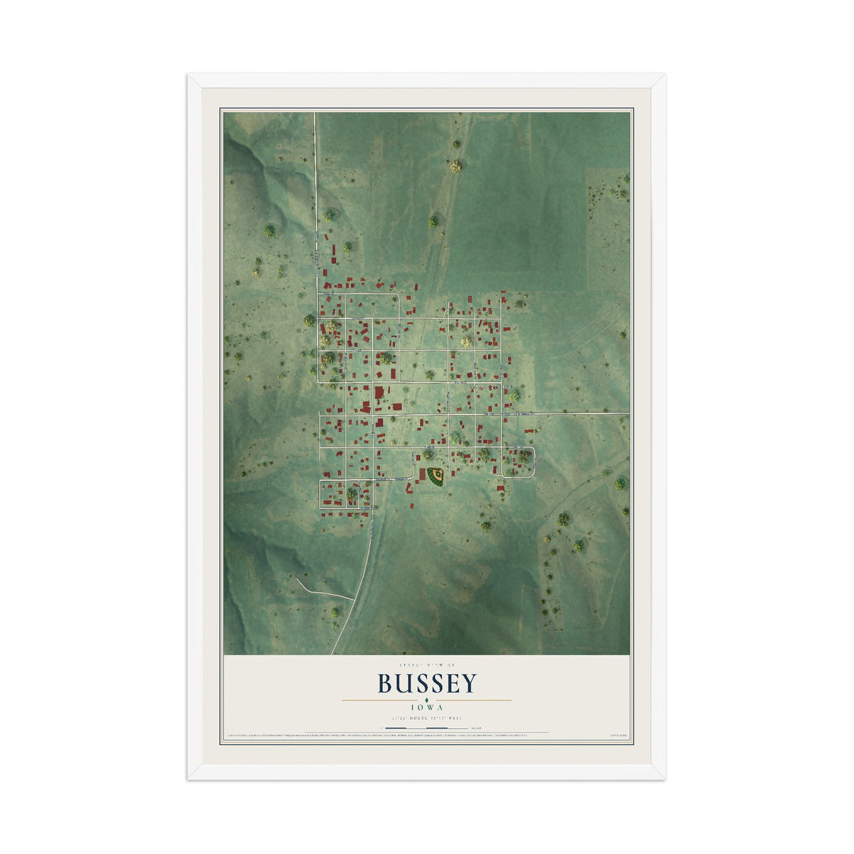 Map of Bussey, Iowa, 12 x 18 inch print in a white wood frame