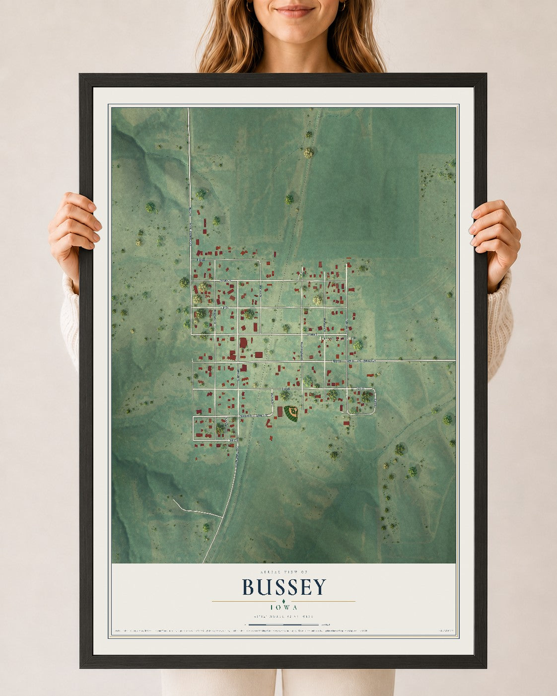 Map of Bussey, Iowa, 24 x 36 inch print in a black wood frame