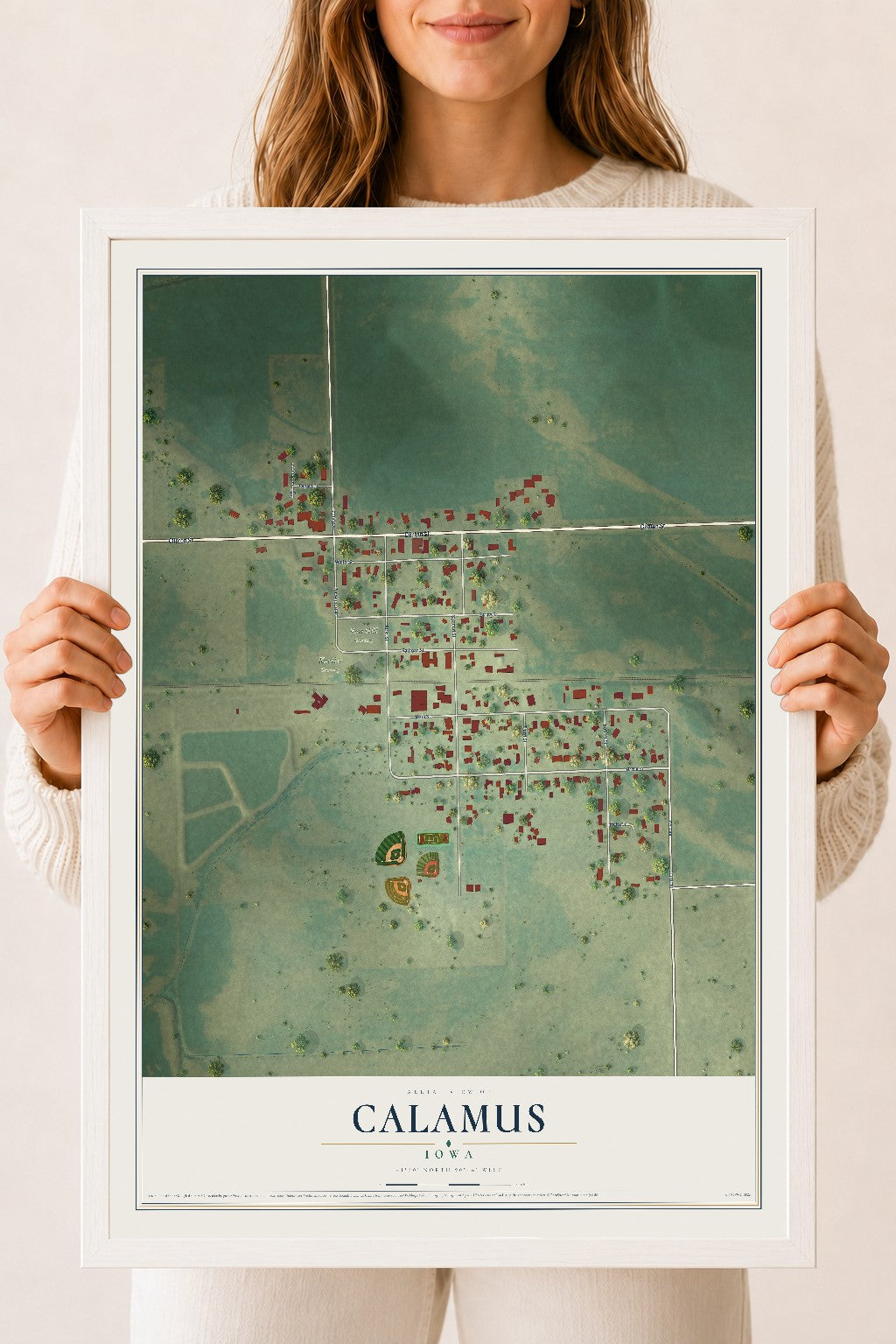 Map of Calamus, Iowa, 18 x 24 inch print in a white wood frame
