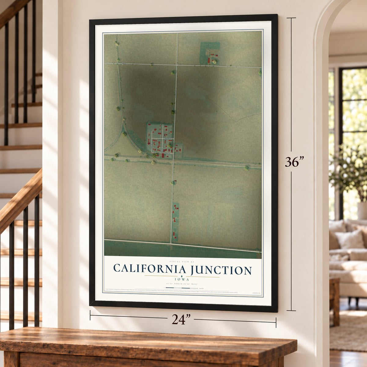California Junction, Iowa map, 24 x 36 inch print in a black frame by a staircase