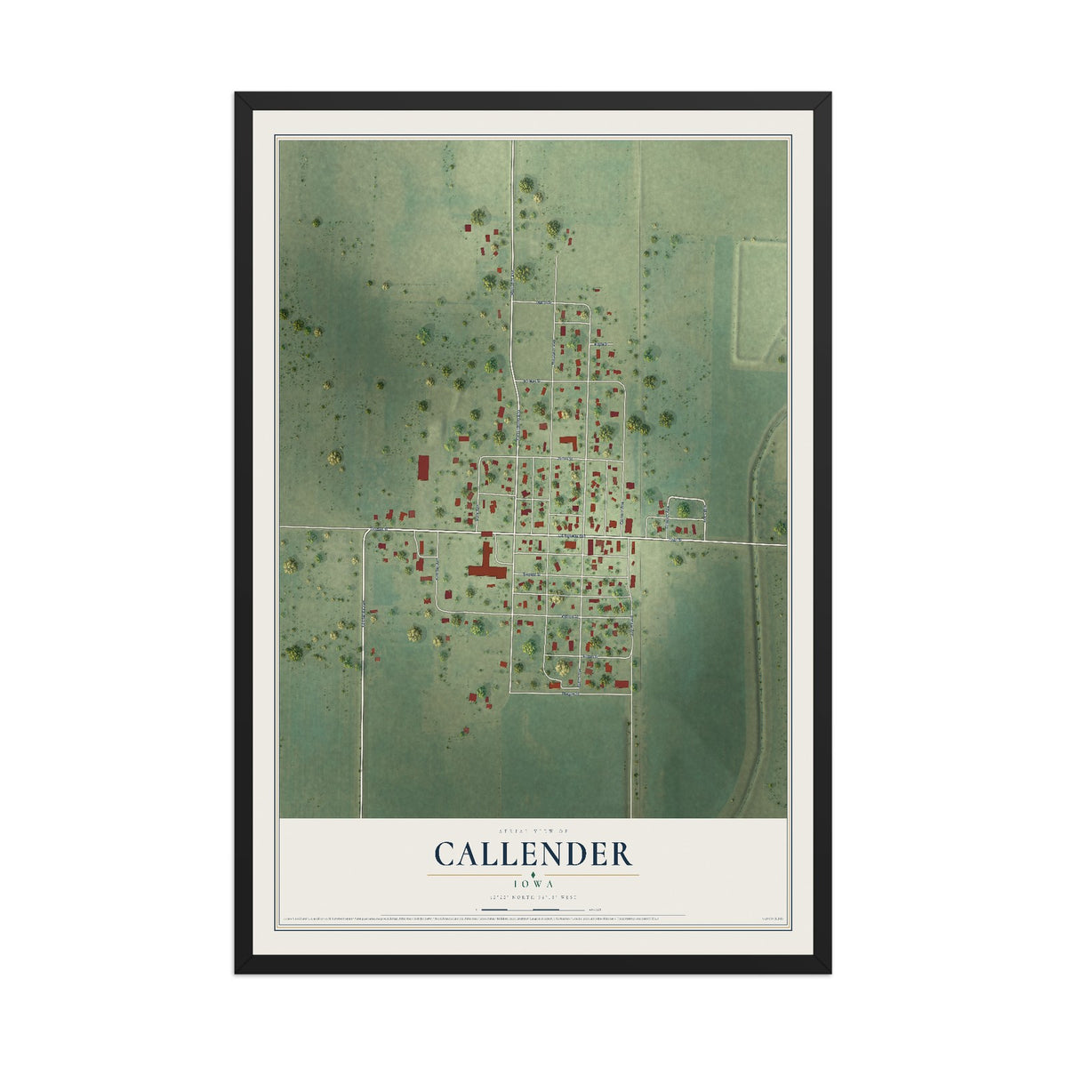 Map of Callender, Iowa, 12 x 18 inch print in a black wood frame