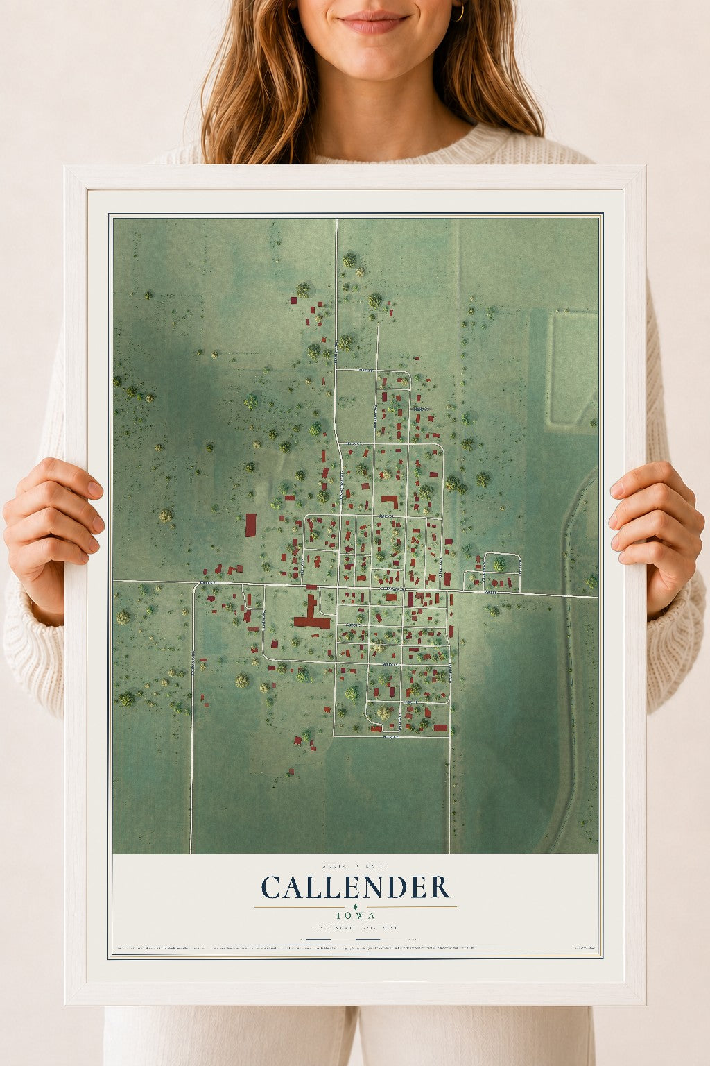 Map of Callender, Iowa, 18 x 24 inch print in a white wood frame