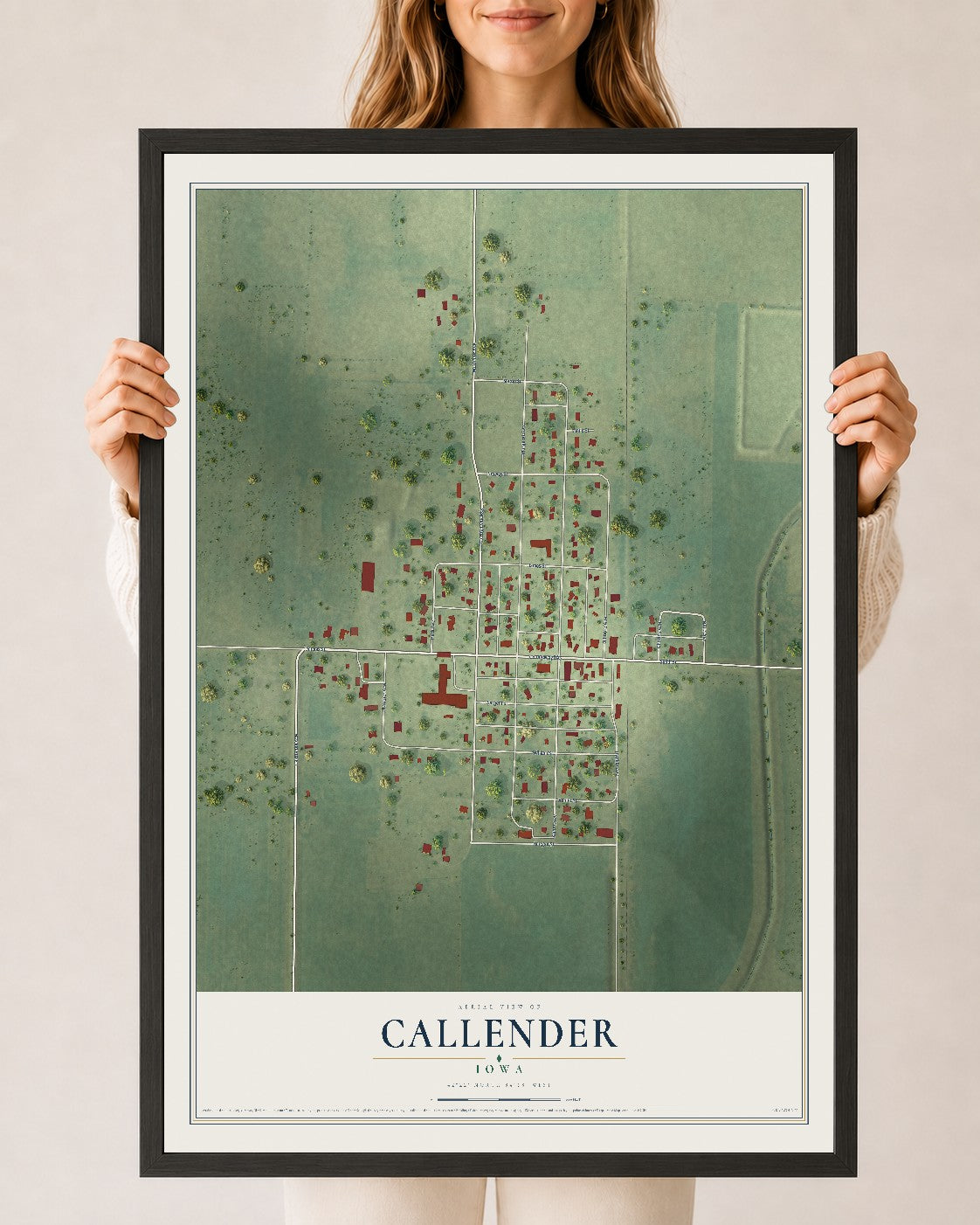 Map of Callender, Iowa, 24 x 36 inch print in a black wood frame