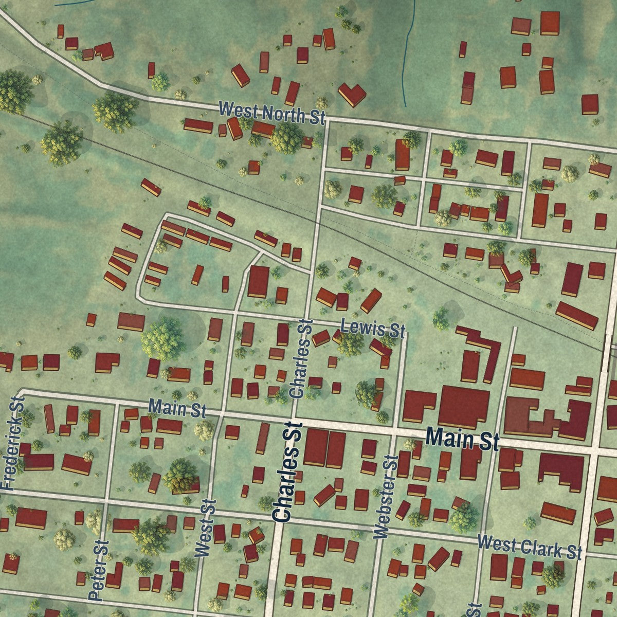 Close-up of the map of Calmar, Iowa print showing street and building detail