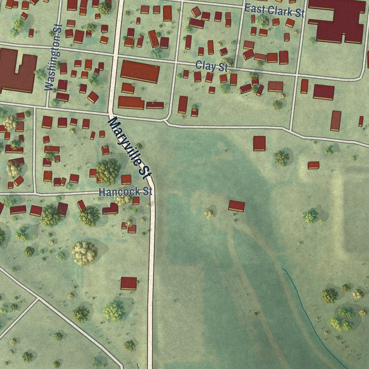 Second close-up of the map of Calmar, Iowa print showing more streets and buildings