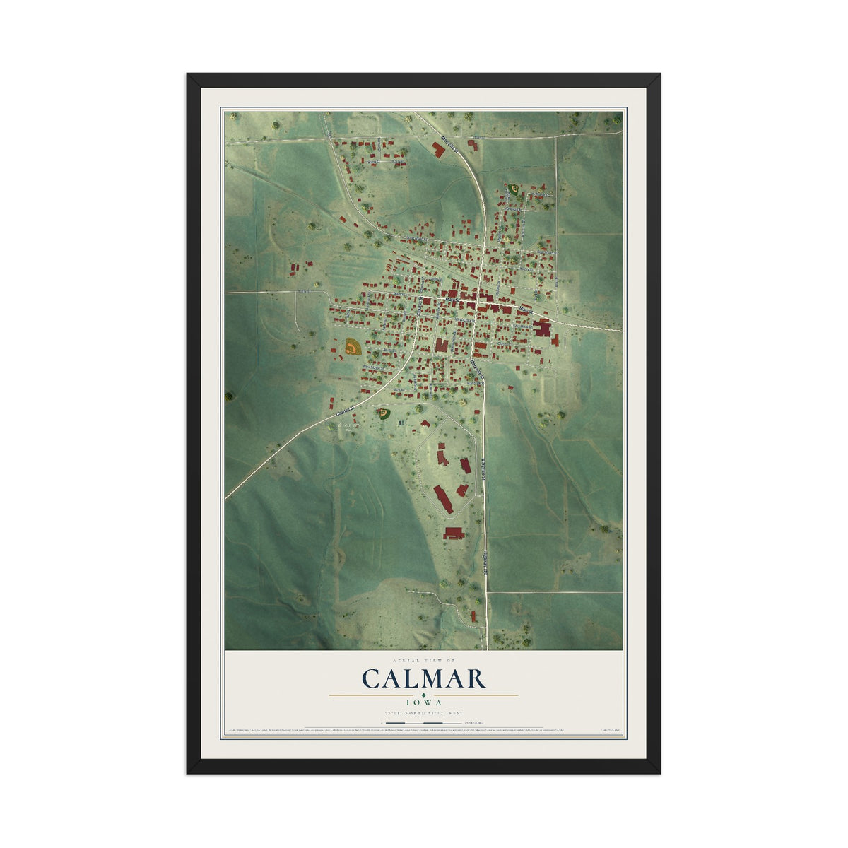 Map of Calmar, Iowa, 12 x 18 inch print in a black wood frame