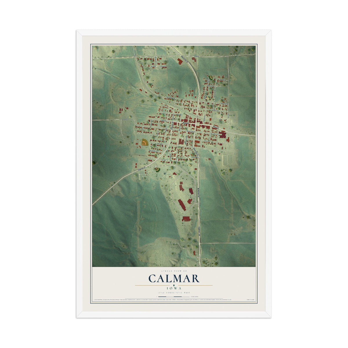 Map of Calmar, Iowa, 12 x 18 inch print in a white wood frame