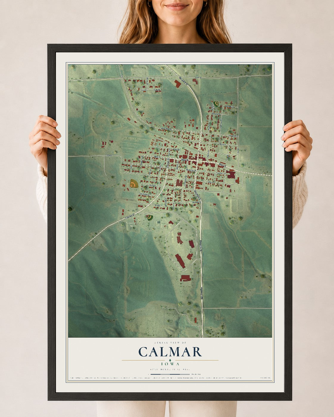 Map of Calmar, Iowa, 24 x 36 inch print in a black wood frame