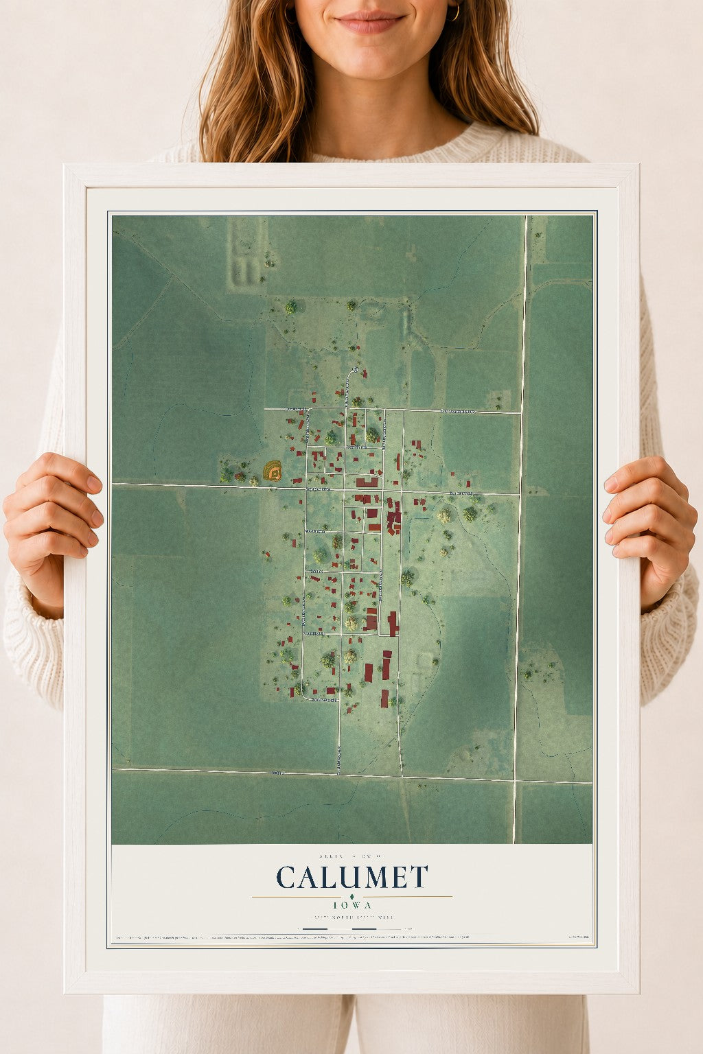 Map of Calumet, Iowa, 18 x 24 inch print in a white wood frame