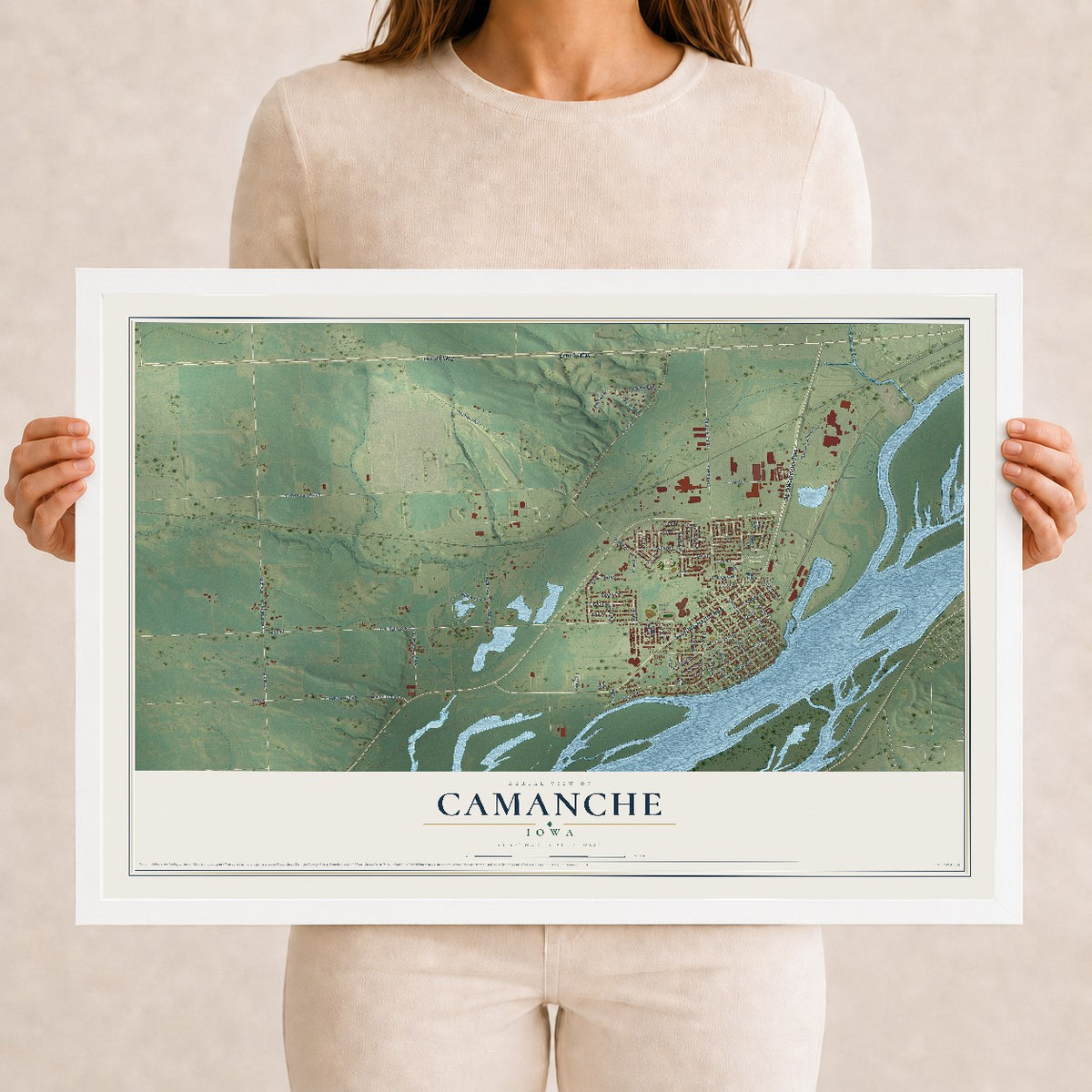 Map of Camanche, Iowa, 12 x 18 inch print in a white wood frame