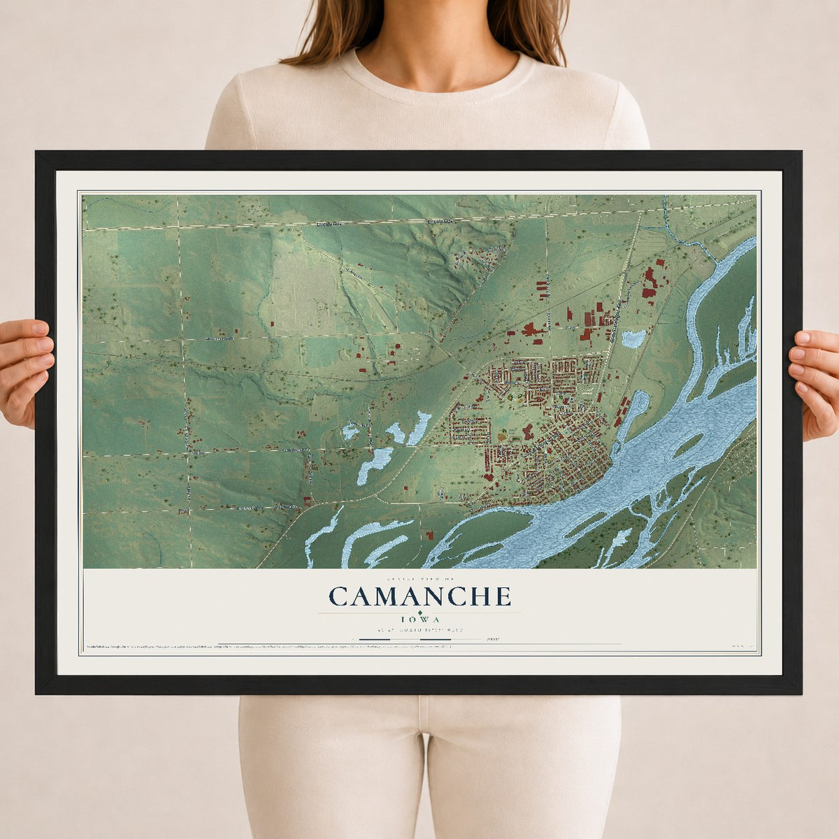 Map of Camanche, Iowa, 18 x 24 inch print in a black wood frame