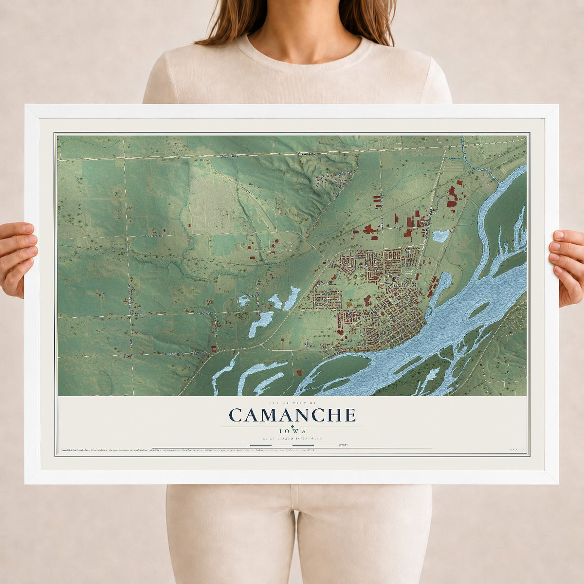 Map of Camanche, Iowa, 18 x 24 inch print in a white wood frame