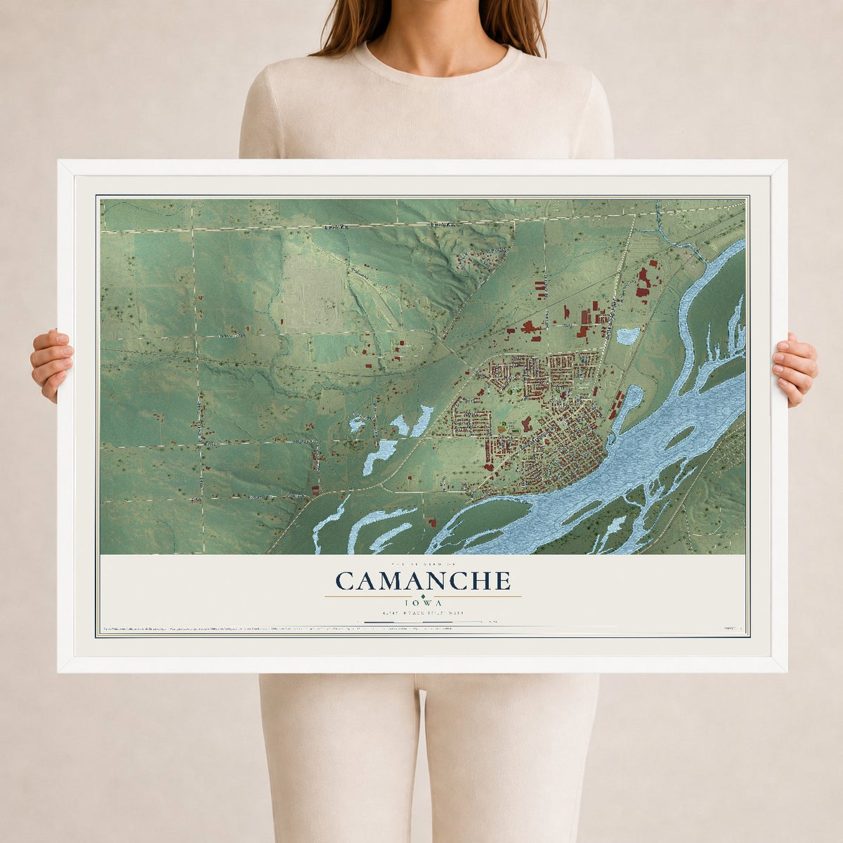 Map of Camanche, Iowa, 24 x 36 inch print in a white wood frame