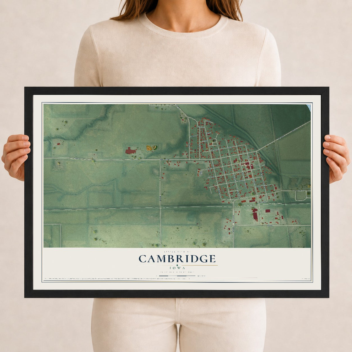 Map of Cambridge, Iowa, 12 x 18 inch print in a black wood frame