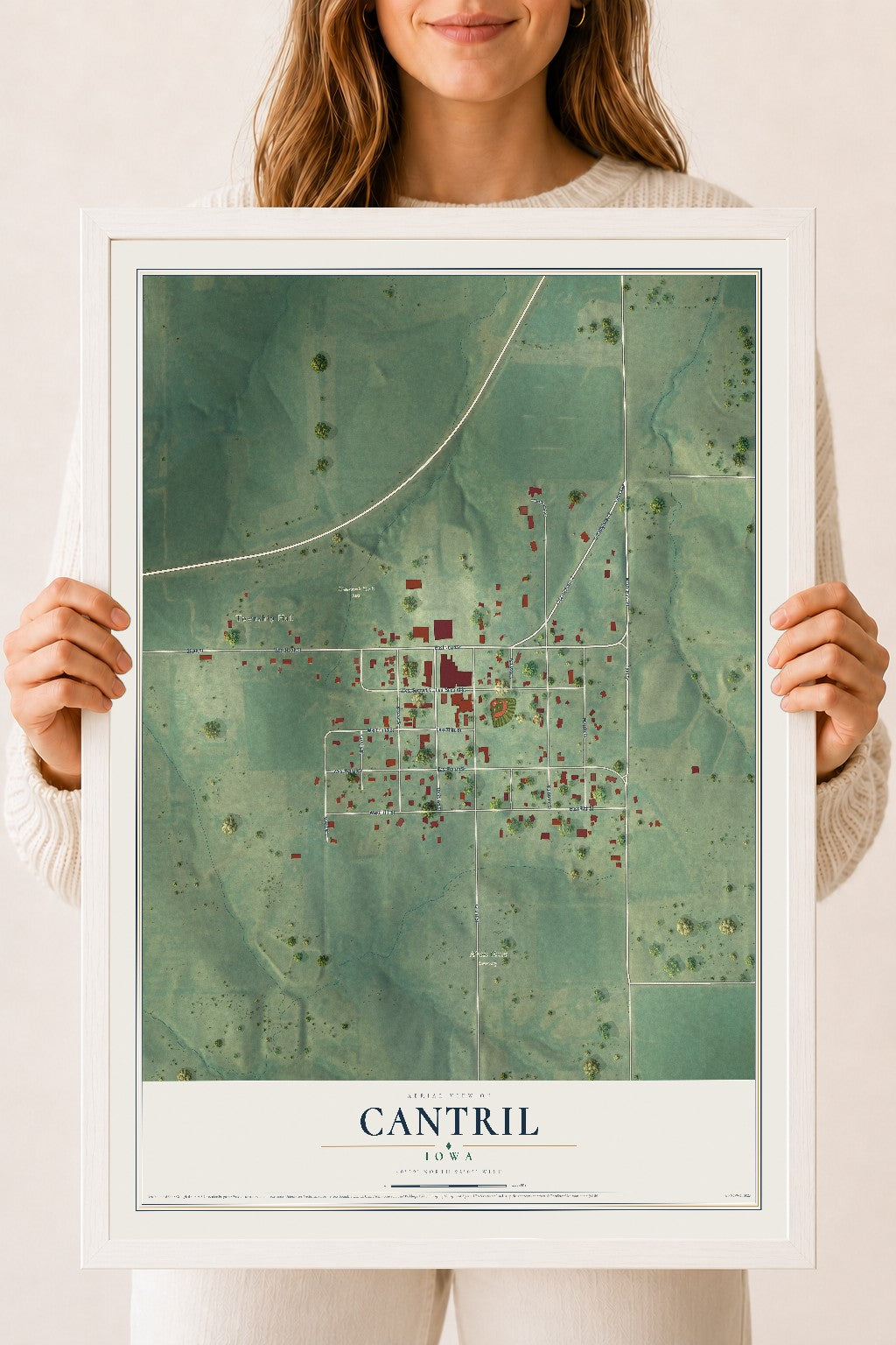 Map of Cantril, Iowa, 18 x 24 inch print in a white wood frame