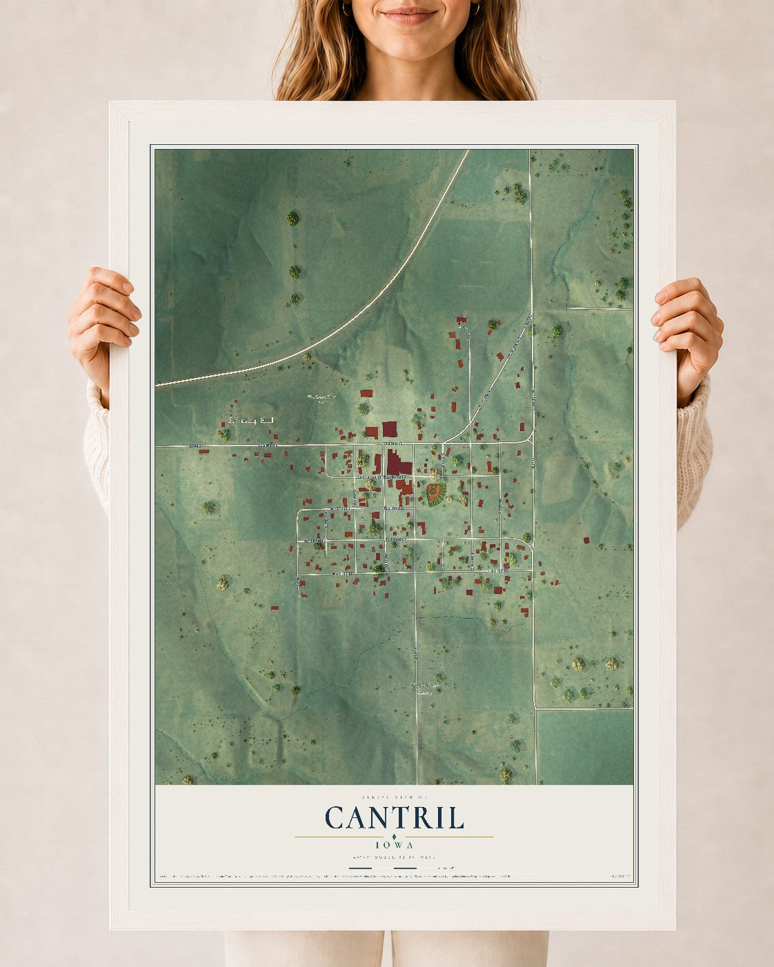 Map of Cantril, Iowa, 24 x 36 inch print in a white wood frame