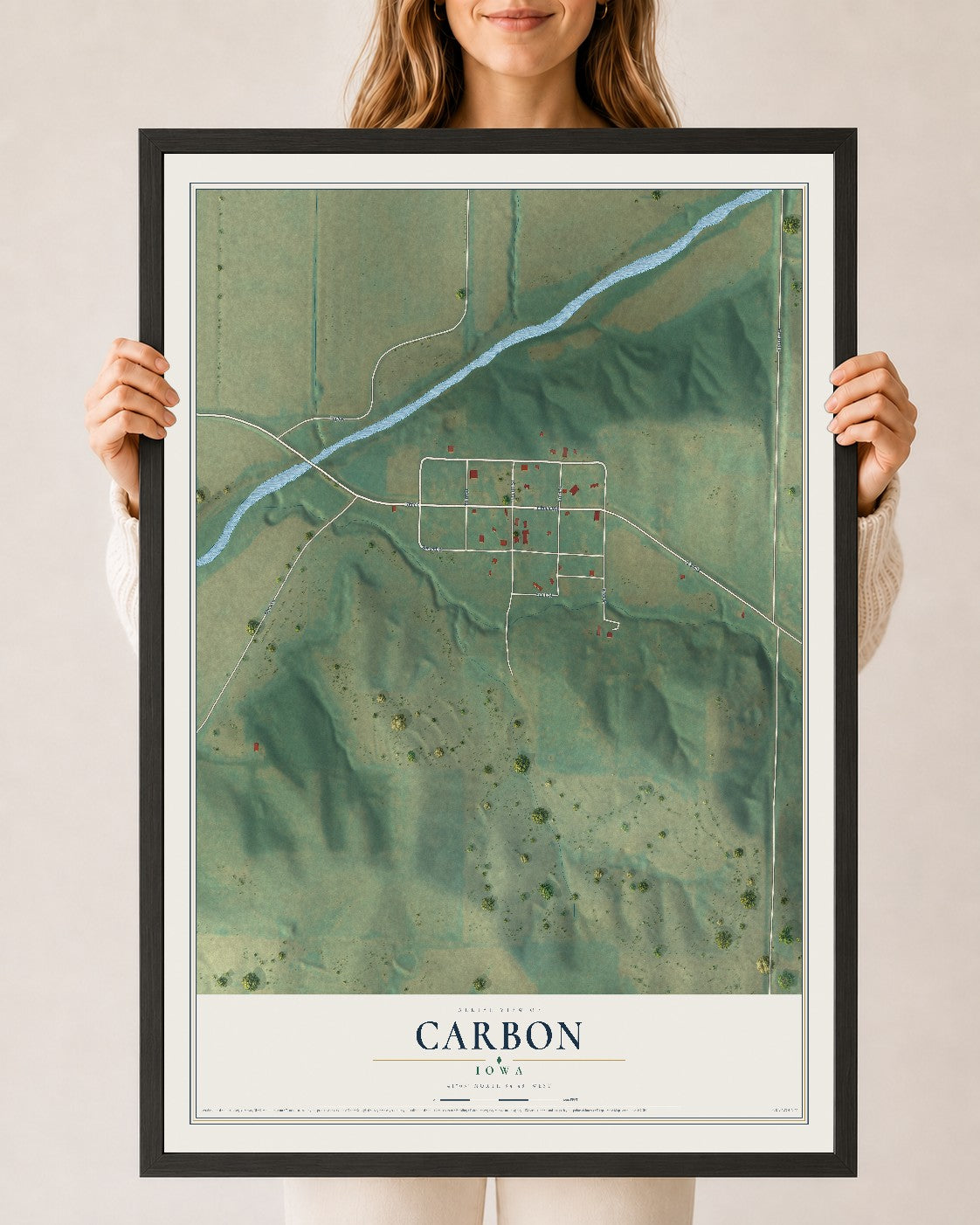 Map of Carbon, Iowa, 24 x 36 inch print in a black wood frame