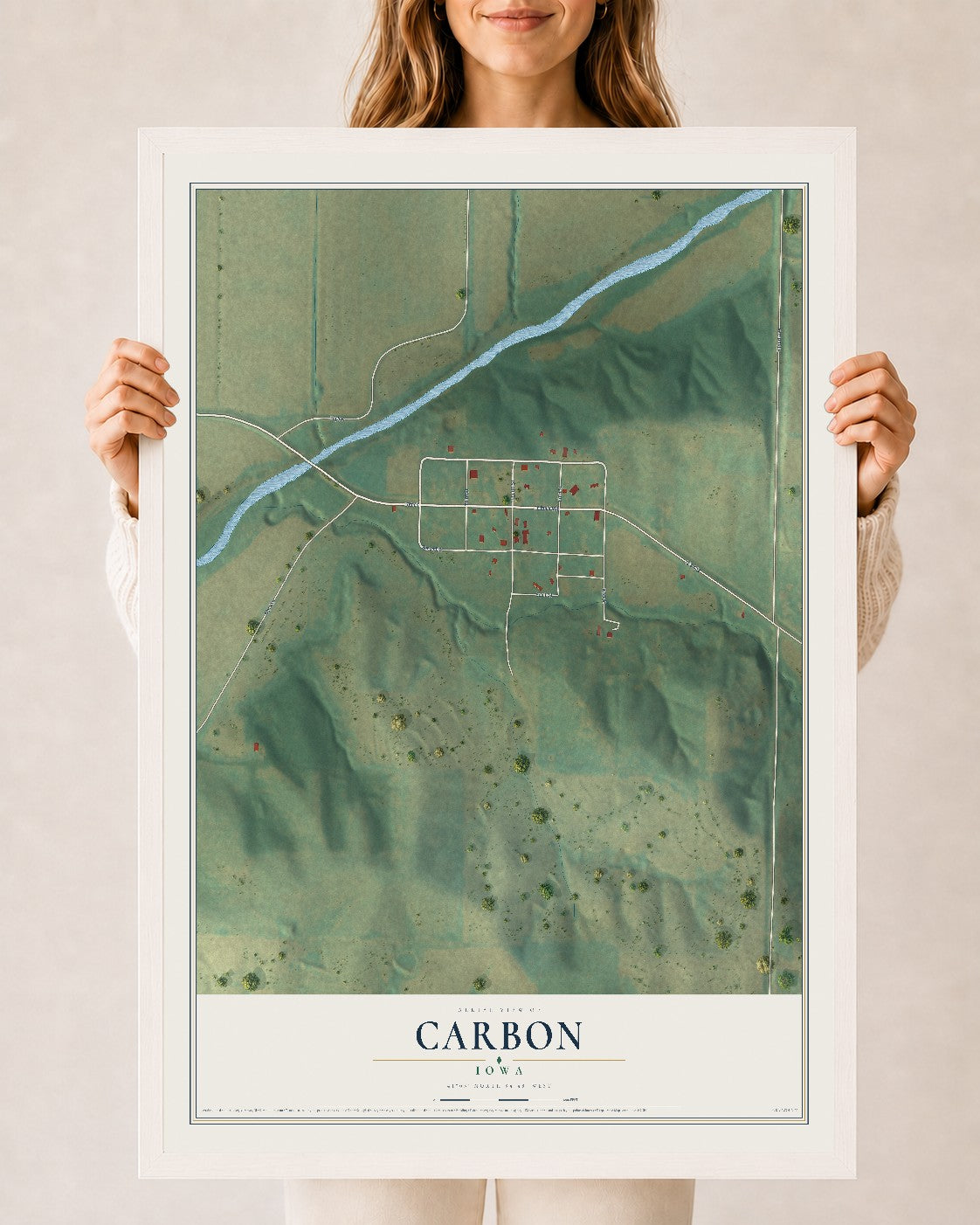 Map of Carbon, Iowa, 24 x 36 inch print in a white wood frame