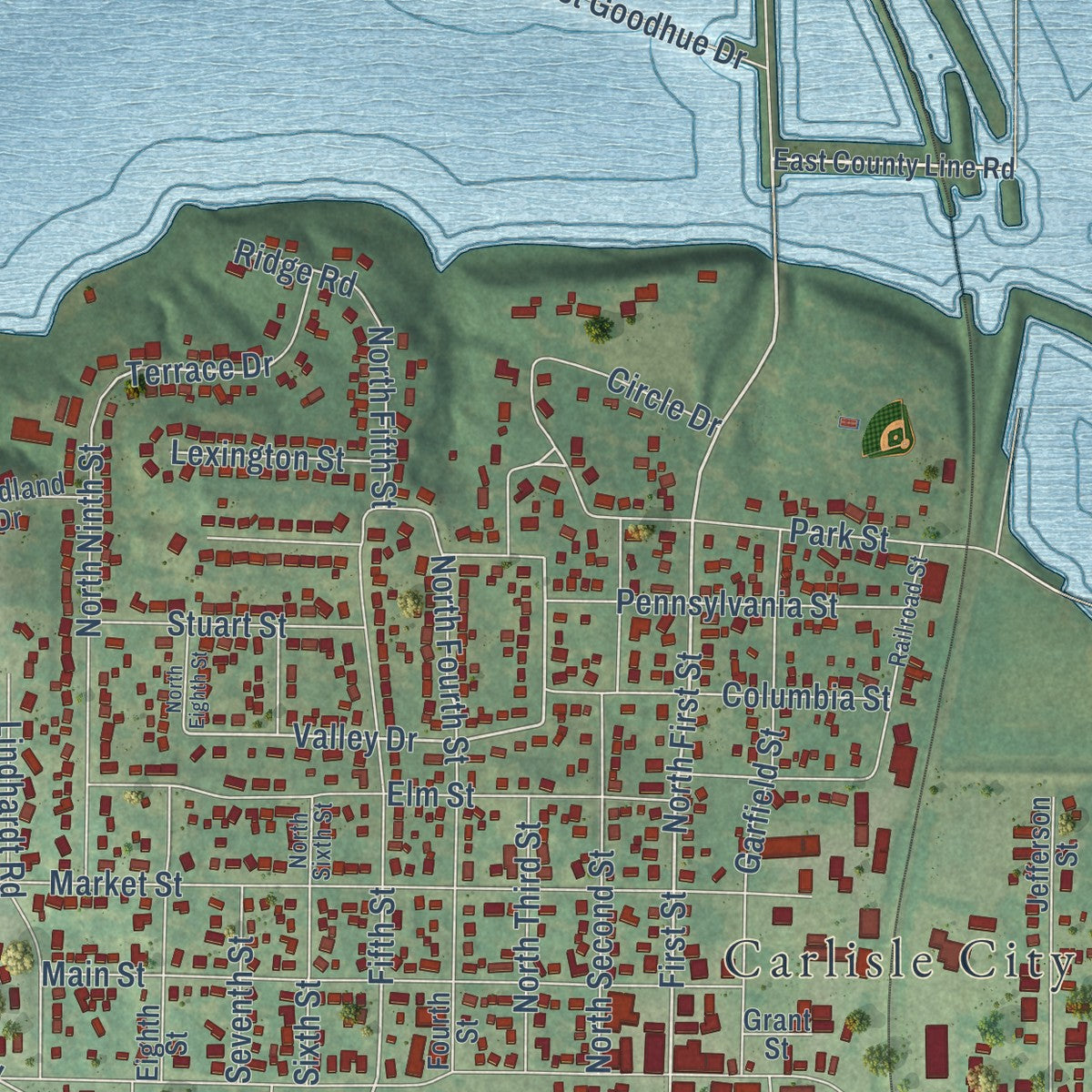 Close-up of the map of Carlisle, Iowa print showing street and building detail