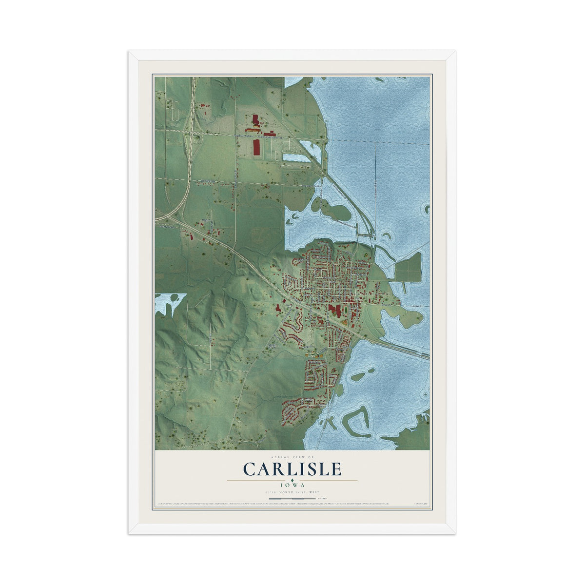 Map of Carlisle, Iowa, 12 x 18 inch print in a white wood frame